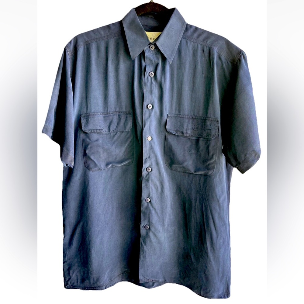 100% silk Casual Blue Button Down Short Sleeve Shirt